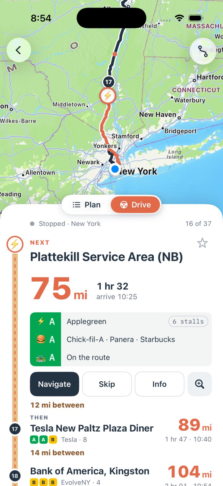 Miles To Go while driving, with the next charging option up front