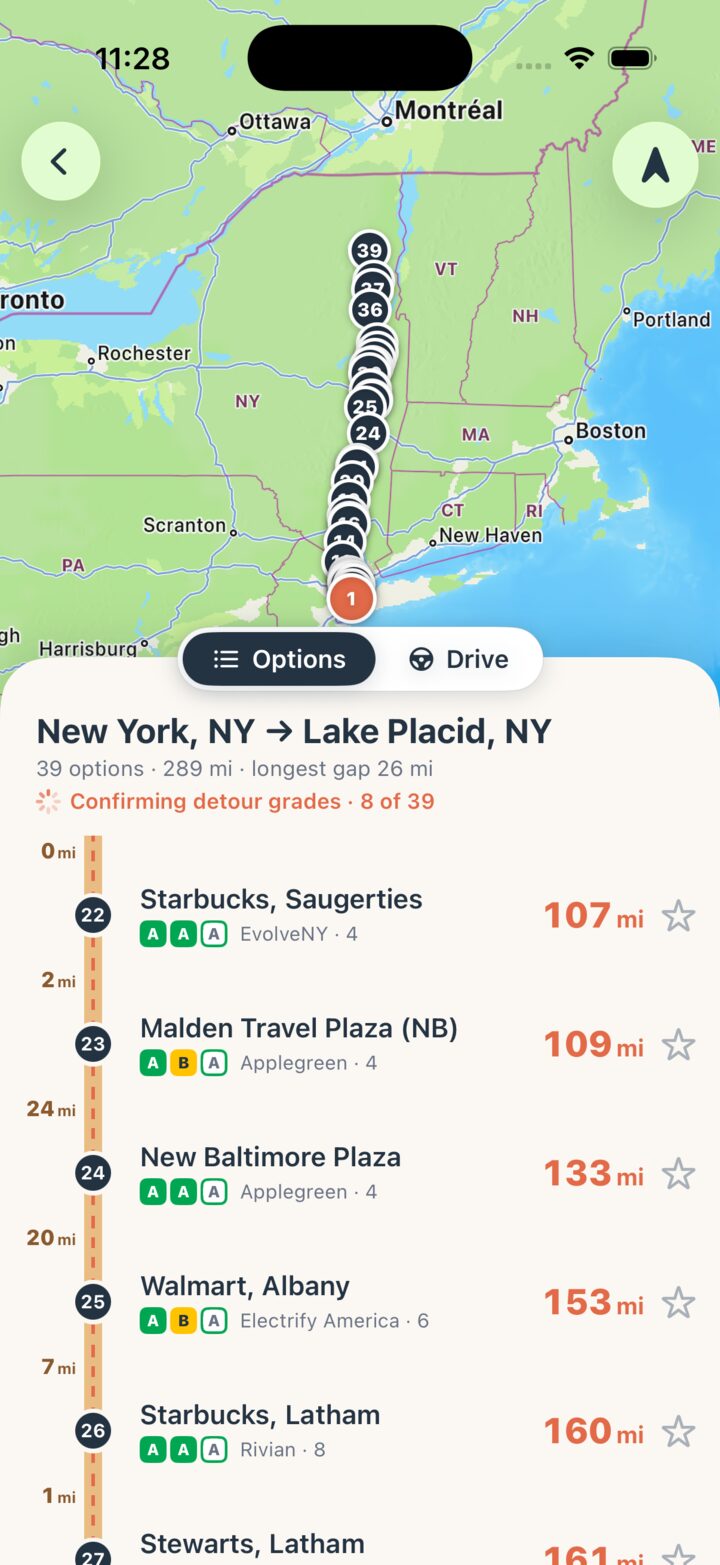 The charging options between Saugerties and Latham on a drive from New York to Lake Placid, in the Options view
