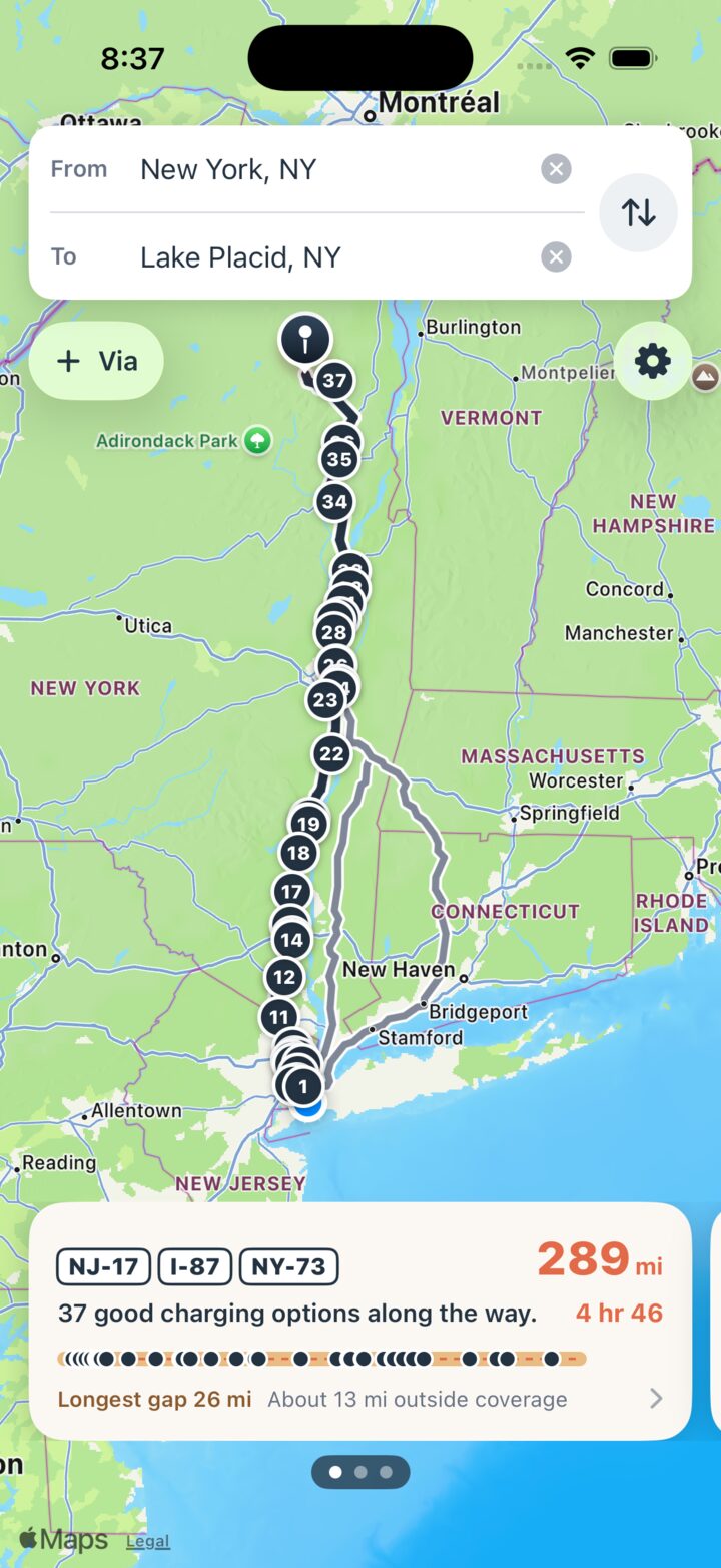Choosing a route from New York to Lake Placid, with 37 charging options along the way
